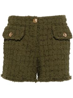 olive green virgin wool blend tweed decorative button flap two side inset pockets embossed gold-tone buttons unlined concealed fly and button fastening Tweed Shorts, City Dress, Dark Olive Green, Iconic Bags, Summer Beach Wear, Mini Shorts, Ski Wear, Dress Brands, Jacket Tops