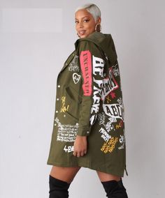 For Her NYC 81782 1 piece Hooded Jacket Colors: Black, Khaki Sizes: S, M, L, XL, 1X, 2X Luxury Oversized Outerwear With Graphic Print, Luxury Urban Outerwear With Graphic Print, Luxury Sporty Outerwear With Graphic Print, Jordan Vinyl Shirts, Diy Jacket, Gq Magazine, Fashion Illustration Sketches, Upcycled Fashion, Creation Couture