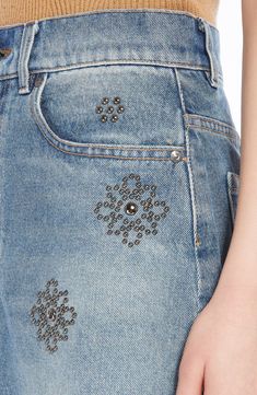 Decorative studs create an eye-catching design on this nonstretch-denim skirt cut to a stem-showing length. Zip fly with button closure Five-pocket style Lined 100% cotton Machine wash, line dry Imported Studded Denim, Western Aesthetic, Weekend Max Mara, Lucy Hale, Pocket Model, Clean Cut, Nordstrom Store, Denim Mini, Signature Collection