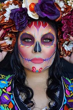 Halloween Hairstyle, Unique Halloween Makeup, Gothic Things, Bright Halloween, Hairstyle And Makeup, Sugar Skull Face, Catrina Tattoo, Sugar Skull Artwork