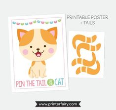 printable poster with an image of a cat and the text pin the tail on the cat