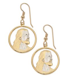 "These beautiful Earrings were hand cut from Religious medallions that I recently came across and knew would be great when we cut them out. The image is of Jesus Christ and works very well as earrings. They measure only 7/8\" in diameter and are super light so are perfect for earrings. After we do all the cutting the earrings are plated in 14 karat gold and rhodium to bring out the best of the design. The earrings are mounted on 14 karat gold filled ear wires." Polar Bear Earrings, Mexican Eagle, Native American Heritage, Jewelry Hand, Christian Jewelry, Religious Jewelry, Jewelry Cleaner, Pendant Earrings, Ear Wires