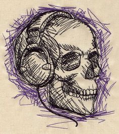 a drawing of a skull wearing headphones