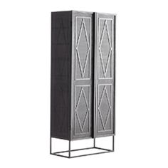 a tall metal cabinet with two doors on the front and one door open to reveal a diamond pattern