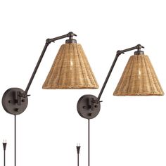 two wall lights with wicker shades on each lamp and one light is dimmer