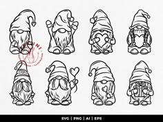 six gnome heads with different hats and beards, each wearing a santa claus hat