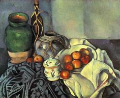 a painting of oranges on a table next to a tea pot and vase with a cloth