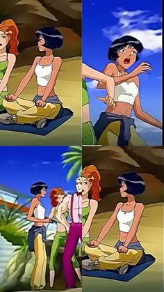 three cartoon pictures of women in bathing suits on the beach, one with her arms around another woman's back