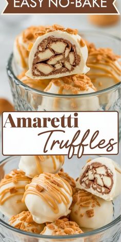 an easy no bake dessert with caramel swirls on top and the words amaretti truffles below it