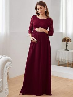 Color=Burgundy |  Sweetheart 3/4 Sleeve Floor-Length Lace Maternity Dress-Burgundy 1 Bump Friendly Dress, Elegant Maternity Dresses, Chiffon Maternity Dress, Maternity Evening, Maternity Evening Dress, Formal Maternity Dress, Lace Maternity Dress, Maternity Gowns, Maternity Style