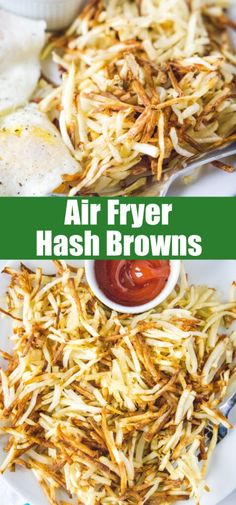 air fryer hash browns on a plate with ketchup