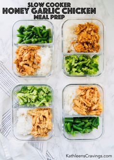 four plastic containers filled with chicken, broccoli and rice on top of a white counter