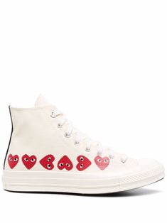 Ivory/red fabric x Converse logo print high-top sneakers from COMME DES GARÇONS PLAY featuring logo print to the side, logo patch to the side, round toe, front lace-up fastening and flat rubber sole. When buying this unisex item, keep in mind that it is graded in standard men's sizing.. Casual High-top Sneakers With Logo-print Tongue And White Sole, White High-top Sneakers With Logo-print Tongue, Casual High-top Sneakers With Logo-print Tongue, Casual Sneakers With Heart Print And Round Toe, White High-top Sneakers With Laces, Casual Heart Print Sneakers With Round Toe, Canvas Shoes With Logo Print And Round Toe, White High-top Sneakers With Flat Heel, Custom White High-top Cotton Sneakers