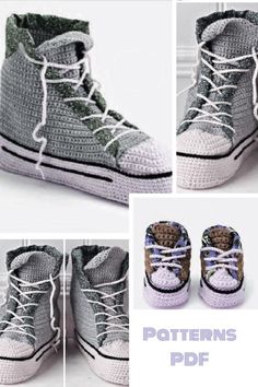 crocheted sneakers with white laces are shown in three different pictures and the bottom is