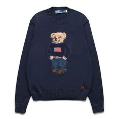 POLO BEAR FLAG CREWNECK SWEATER NAVY | Bodega Pull Ralph Lauren, Polo Bear Sweater, Ralph Lauren Sweater Women, American Preppy, Ralph Lauren Bear, Bear Flag, Ralph Lauren Polo Bear, Bear Sweater, Polo Ralph Lauren Sweater