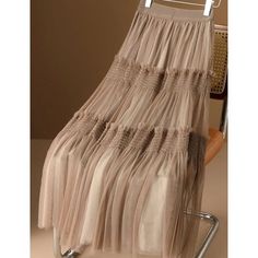 Olivia Mark - Three-section Mesh Tulle Cake Skirt with A-line Design - Midi Length Skirt Non-stretch Pleated Tiered Skirt, Non-stretch Tiered Mini Skirt With Lining, Beige Non-stretch Tiered Skirt, Summer A-line Tulle Skirt, Beige Pleated Tiered Maxi Skirt, Beige Tiered Pleated Skirt For Spring, Pleated Stretch A-line Bottoms, Stretch A-line Pleated Bottoms, Stretch A-line Maxi Skirt For Summer