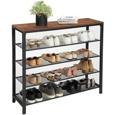 a shoe rack with several pairs of shoes on it and a potted plant next to it