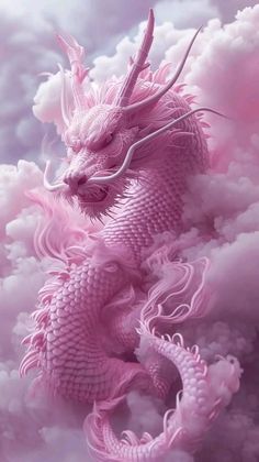 a pink dragon sitting on top of clouds