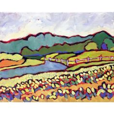 an abstract painting of mountains and fields