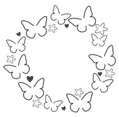 a circle made up of butterflies with hearts in the middle and black outline on a white background