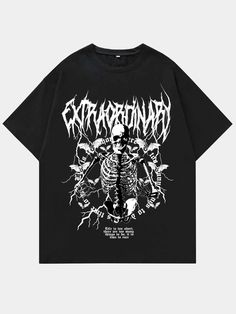 ROMWE Guys Skeleton Print Tee | SHEIN USA Y2k Clothing Men, Skeleton Shirt Design, Black T-shirts, Mens Streetwear Graphic Tees, Gothic T Shirt, Emo Shirts, Y2k Shirts, Baggy Shirts, Acdc Shirt