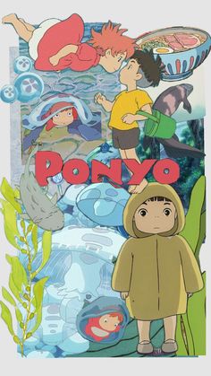 ponyo is standing in front of a poster with other cartoon characters behind him and the words pokyo on it