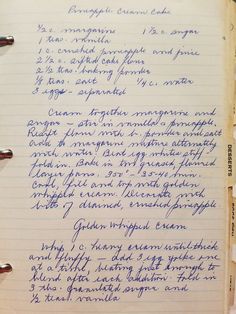 an old handwritten recipe book with writing on it