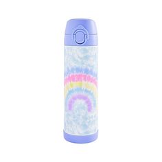 a blue and white water bottle with a rainbow tie dye pattern on the side, sitting against a white background