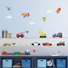 a child's room with toys and wall decals