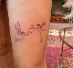 Fairy Tattoo On Leg, Thigh Fairy Tattoo, Fairy Tattoo On Thigh, Fairy Knee Tattoo, Fairy Tattoo Thigh, Fairy Leg Tattoo, Girly Leg Tattoos, Fairy Tattoo Aesthetic, Black Fairy Tattoo