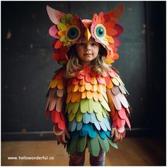 Rainbow Owl Costume. Kids Halloween costumes. DIY Owl costume Infant Owl Costume, Halloween Costume Diy Ideas, Diy Safari Animal Costume, Paper Costumes Diy, Toddler Owl Costume Diy, Homemade Owl Costume, Diy Owl Costume Kids, Frosted Animal Cracker Costume, Eagle Costume For Kids Diy