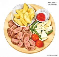 a drawing of some food on a plate with tomatoes, meat and green beans in bowls