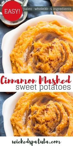 cinnamon mashed sweet potatoes in a white bowl on a blue tablecloth with text overlay