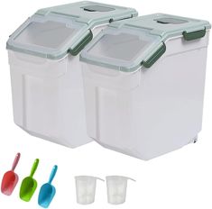 two plastic storage containers with spoons and cups