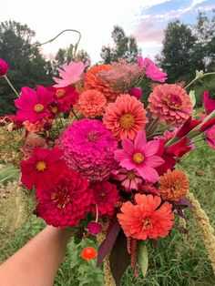 a person holding a bouquet of colorful flowers in their hand on the grass with trees in the background