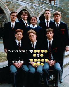 a group of men in suits and ties posing for a photo with emoticions