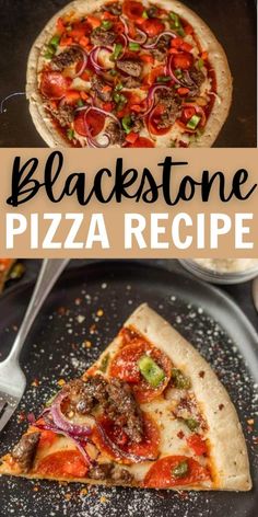 the black stone pizza recipe is ready to be eaten and served on a plate with a fork