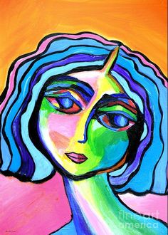 a painting of a woman's face with blue hair and bright colors on an orange background