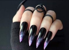 Black And Purple Nails, Ballerina Acrylic Nails, Faux Nails, Black Stiletto Nails, Witchy Nails, Pointy Nails, Nails Purple, Gothic Nails, Goth Nails