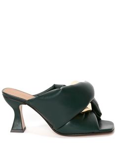 forest green faux leather twist detailing padded design chain-link detailing open toe slip-on style high sculpted heel Green Sandals, Chanel 2, J W Anderson, Iconic Bags, Jw Anderson, Flat Boots, Ballet Flat Shoes, Pump Sandals, Ski Wear