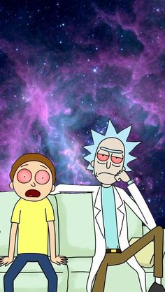 two cartoon characters sitting on a couch in front of a galaxy background