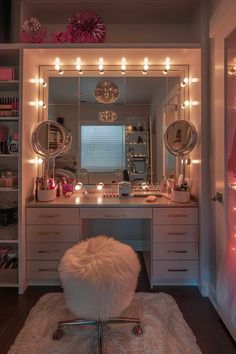 a vanity with lights and a stool in front of it