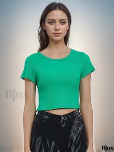 Bjux - Y2K Solid Crop Top - Short Sleeve Leisure Round Neck T-shirt for Casual Spring and Summer - Womens Clothing Green Cropped T-shirt With Short Sleeves For Summer, Green Crew Neck Crop Top Casual, Casual Green Short Sleeve Crop Top, Basic Green Short Sleeve Top, Green Basic Short Sleeve Top For Summer, Basic Green Short Sleeve Top For Summer, Green Basic Crew Neck Tops, Green Stretch Plain Tops, Basic Green Crew Neck Top