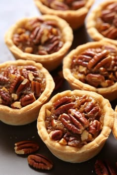 several pecan pies are lined up on a table