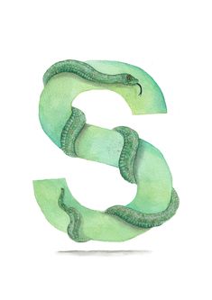 the letter s is made up of green watercolor and has a snake on it