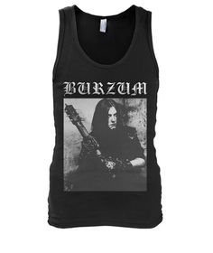 a black tank top with an image of heavy metal guitarist in the middle of it