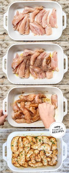 four different types of chicken in white dishes