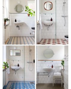 four pictures of bathroom with blue and white floor tiles, sink, shower, mirror