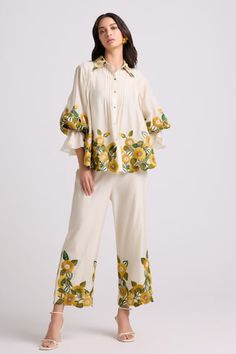 Ivory chanderi pant with placement sunflower embroidery. - Aza Fashions Designer Cord Set For Women, Sunflower Pants, Embroidery Sunflower, Plus Size Wide Leg Pants, Sunflower Shirt, Coord Set, International Style, Summer 24, Flounce Sleeve