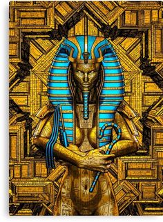 an egyptian pharaoh with his hands crossed in front of him is surrounded by golden and blue patterns